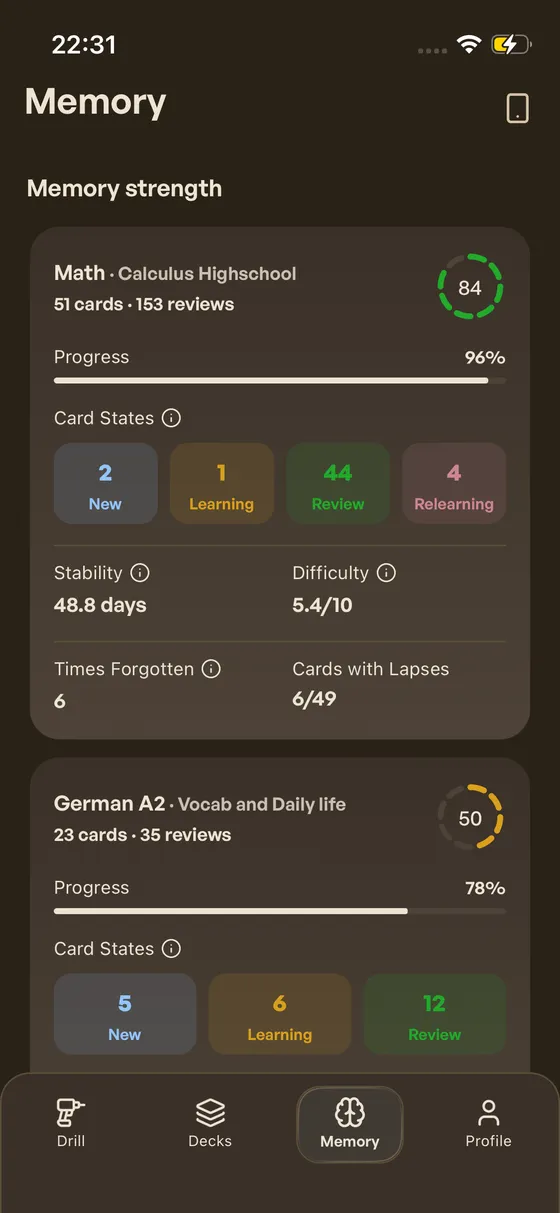Card States showing New, Learning, Review, Relearning per deck