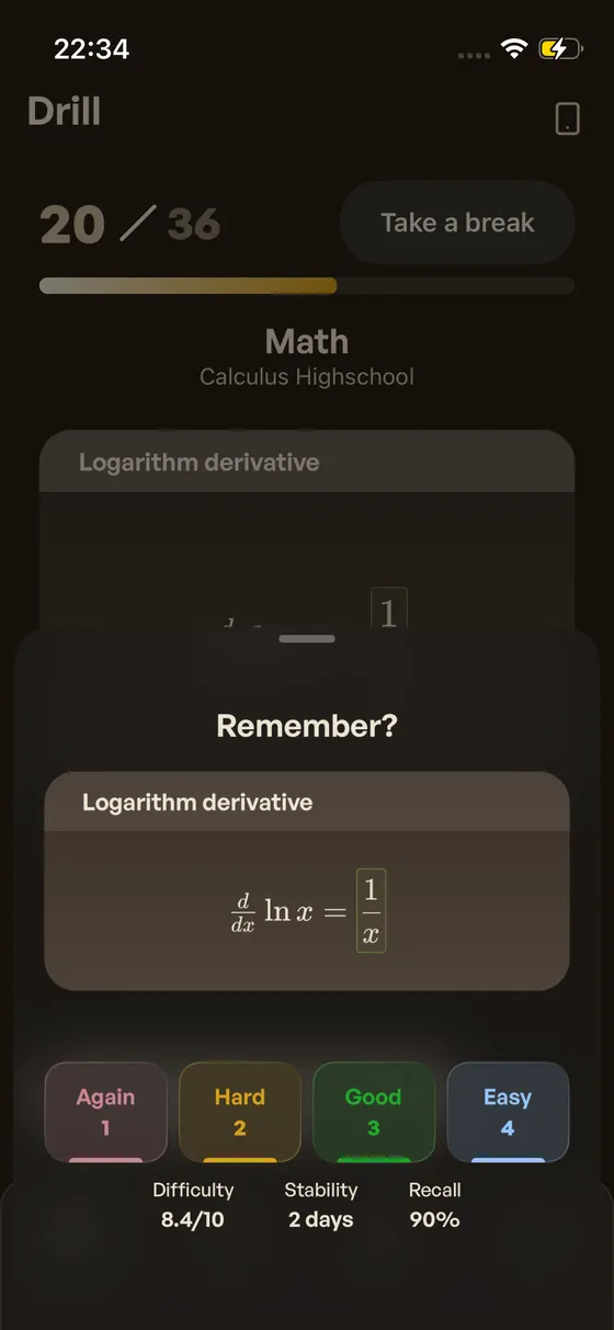 Drill screen showing per-card difficulty, stability, and recall