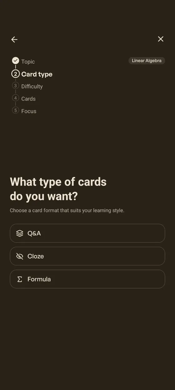 Step 2: Card type selection — Q&A, Cloze, Formula