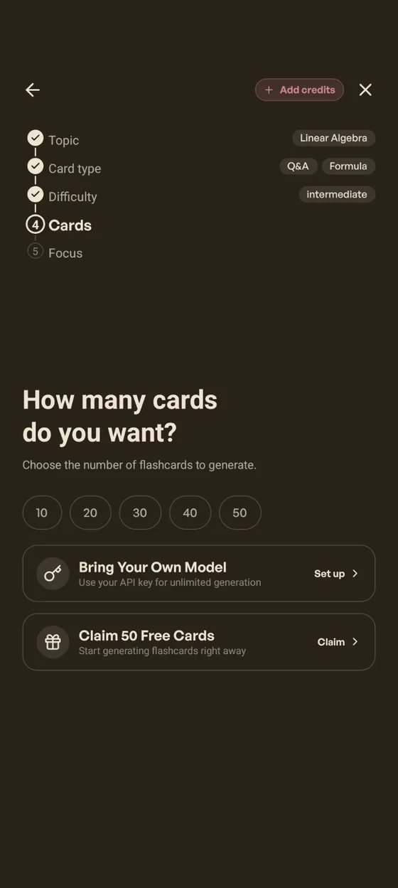 Step 4: Card count selection with BYOM and free credits CTAs