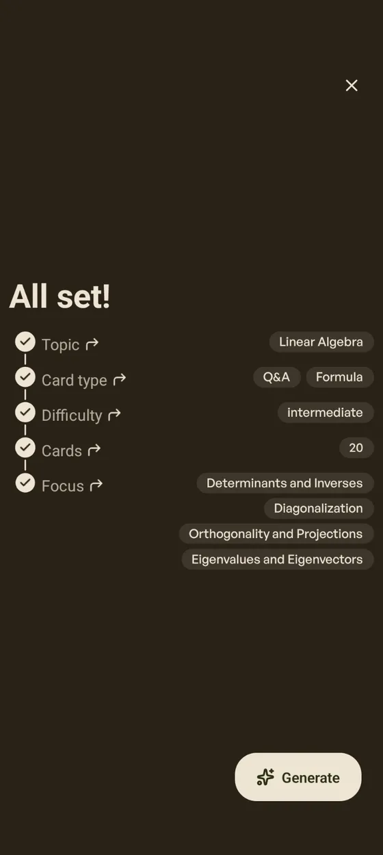 Summary screen: All set! with all selections reviewed