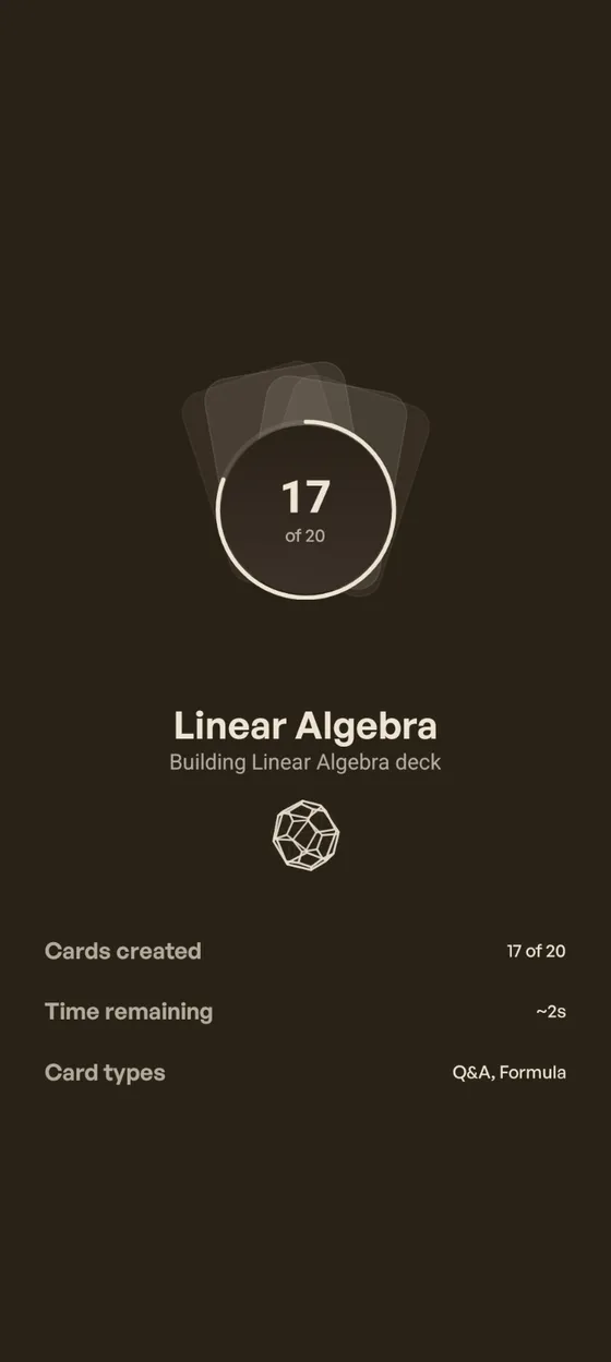 Generating screen: progress circle showing 17 of 20 cards