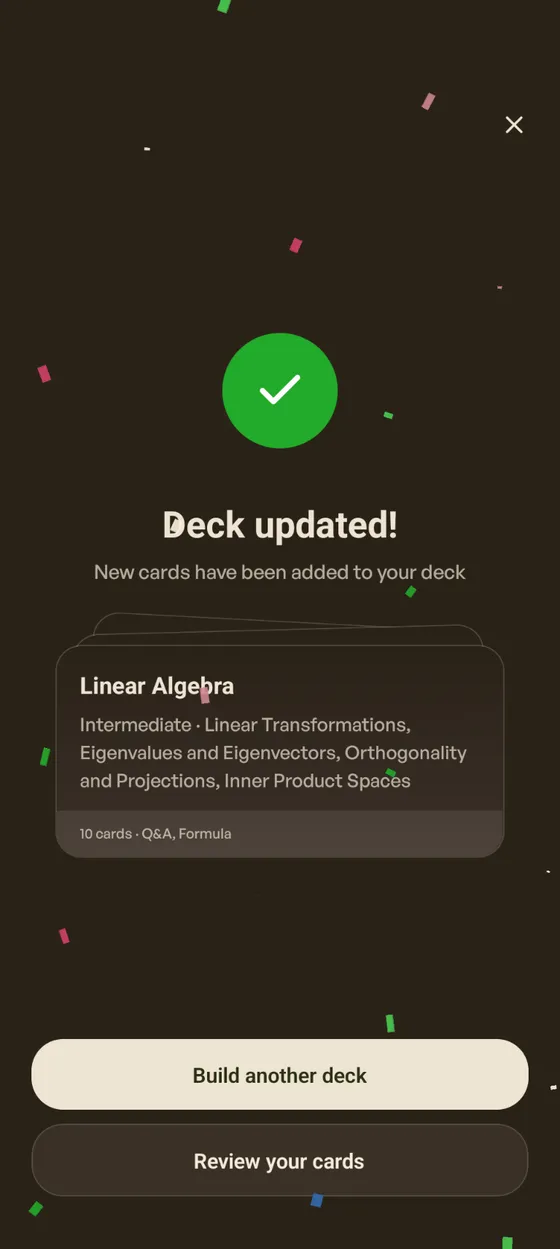Complete screen: Deck updated! with confetti and next actions
