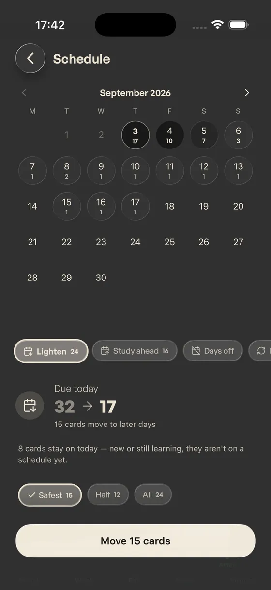 Lighten selected: calendar previews today dropping from 32 to 17 and the next days picking up the moved cards