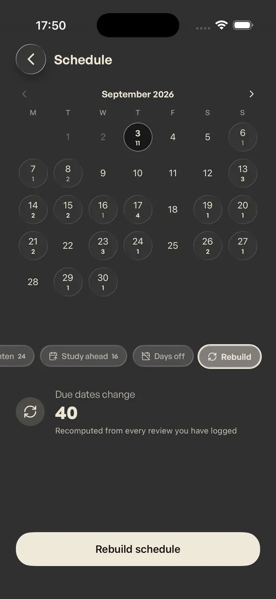 Rebuild selected: calendar previews the recomputed spread, 40 due dates change