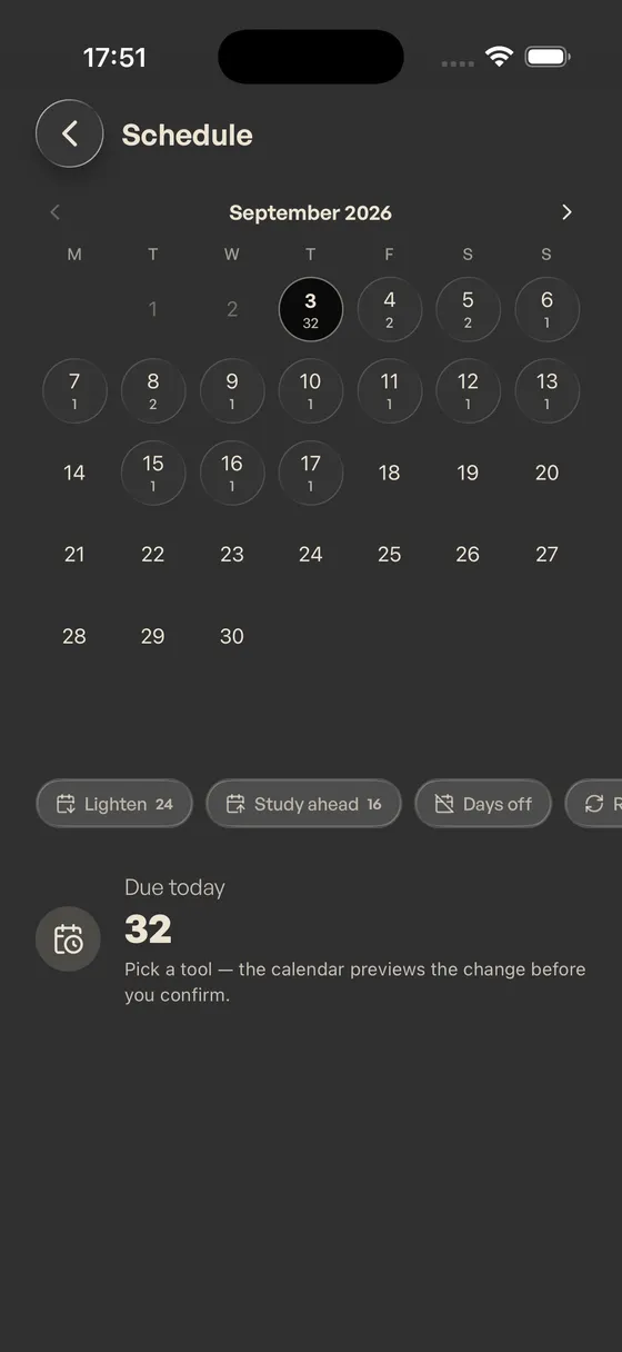 Schedule screen: September calendar with per-day counts, four tool chips, Due today 32