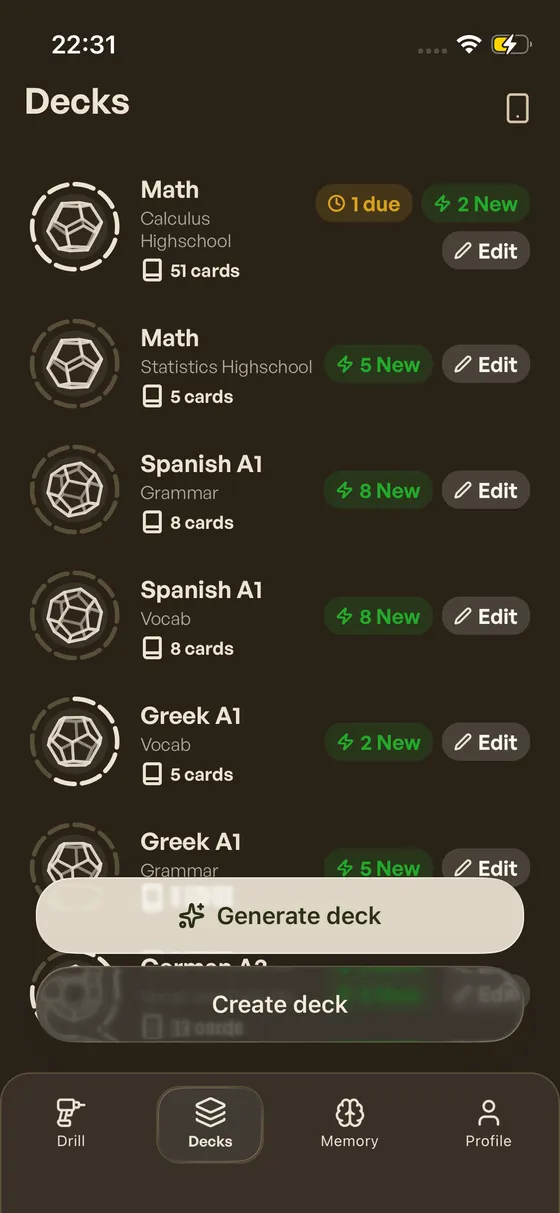 Decks list showing multiple decks with descriptions
